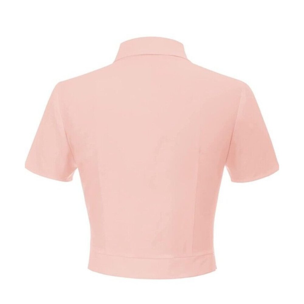 Belle Poque Women XL Pink Vtg Inspired Tie Neck Blouse Short Sleeve Cropped Top - Picture 2 of 8